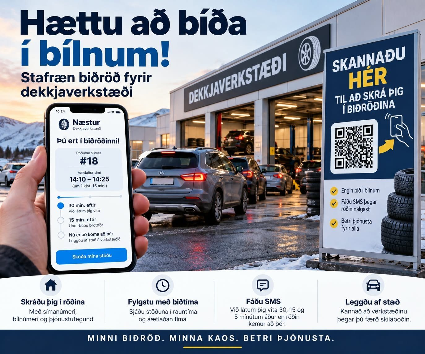 Næstur veggspjald: Hættu að bíða í bílnum! Skannaðu QR-kóðann, skráðu þig í röðina, fáðu SMS og mættu þegar kemur að þér.